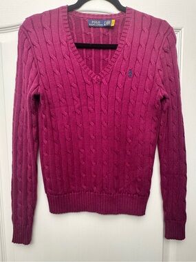 NWOT Polo Ralph Lauren Cable Knit V-Neck Sweater Plum Navy Pony S